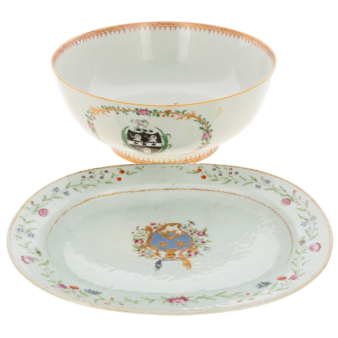 Chinese Export Armorial Porc. Punch Bowl & Platter: A late 18th century Chinese Export armorial platter for the English market bearing the coat of arms "Day" crest decorated with gilt accents, enamel flowers and festoons centering the coat arms, two