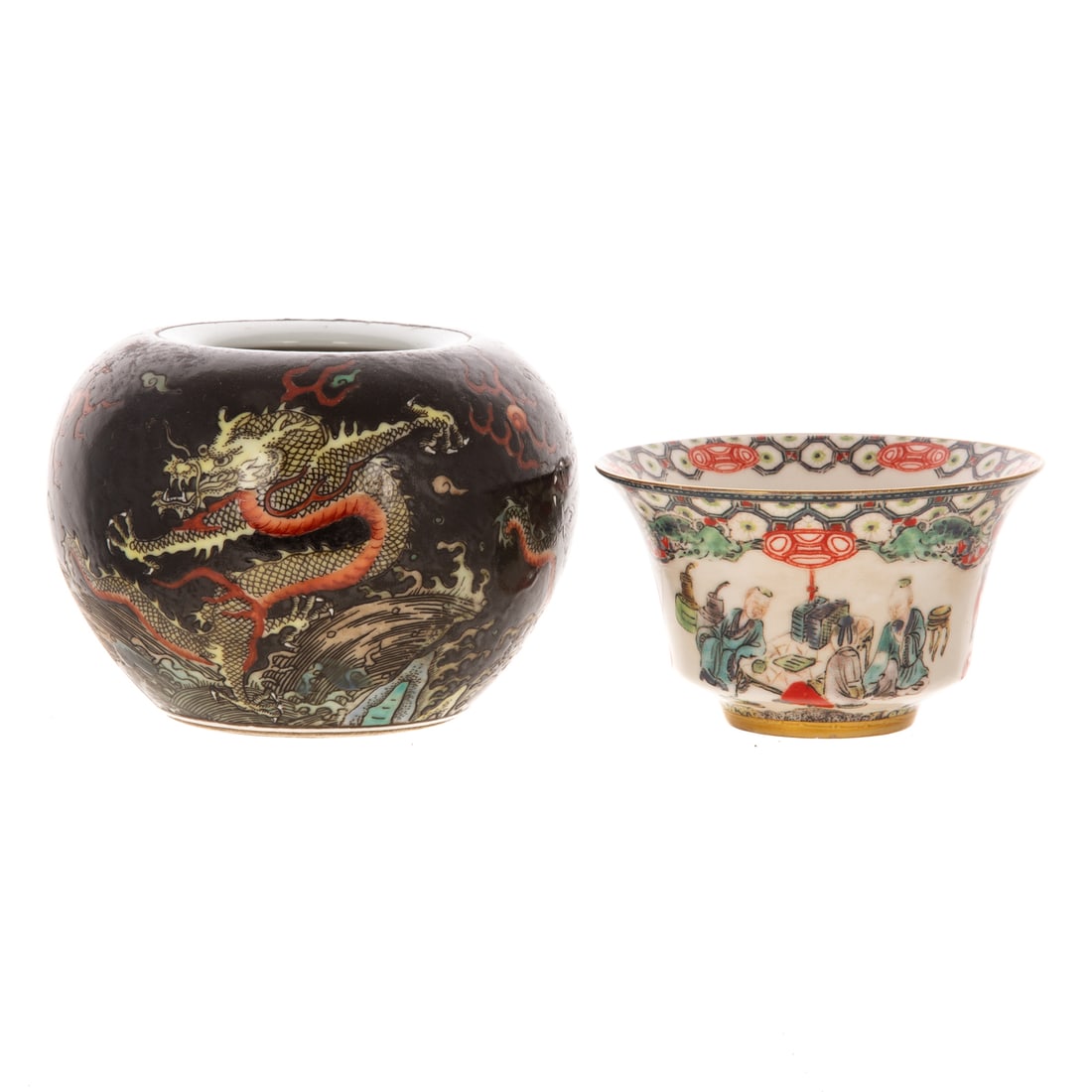Two Pieces of Chinese Porcelain: Includes a Chinese porcelain water bowl depicting three dragons with pearls above waves on black ground, with blue Qianlong seal on bottom, 3 1/2 in. H, approx. 5 in. Diam.; and a Chinese porcelain