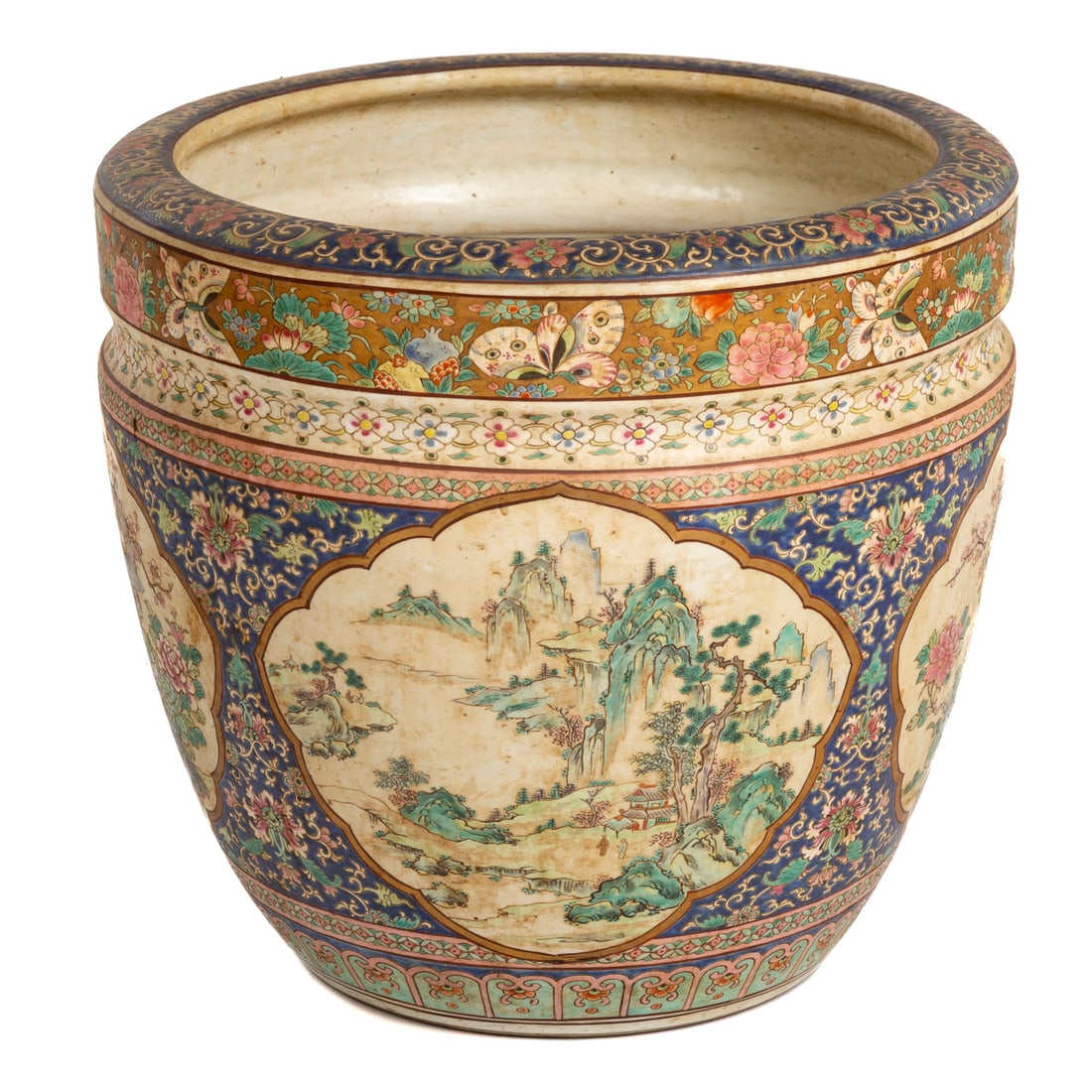 A Chinese Porcelain Fish Bowl: (Chinese, first half, 20th century) A Chinese porcelain fishbowl with landscape and peacock vignettes, bug and floral motifs throughout, marked on bottom, 14 1/2 in. H, approx. 16 3/4 in. Diam.