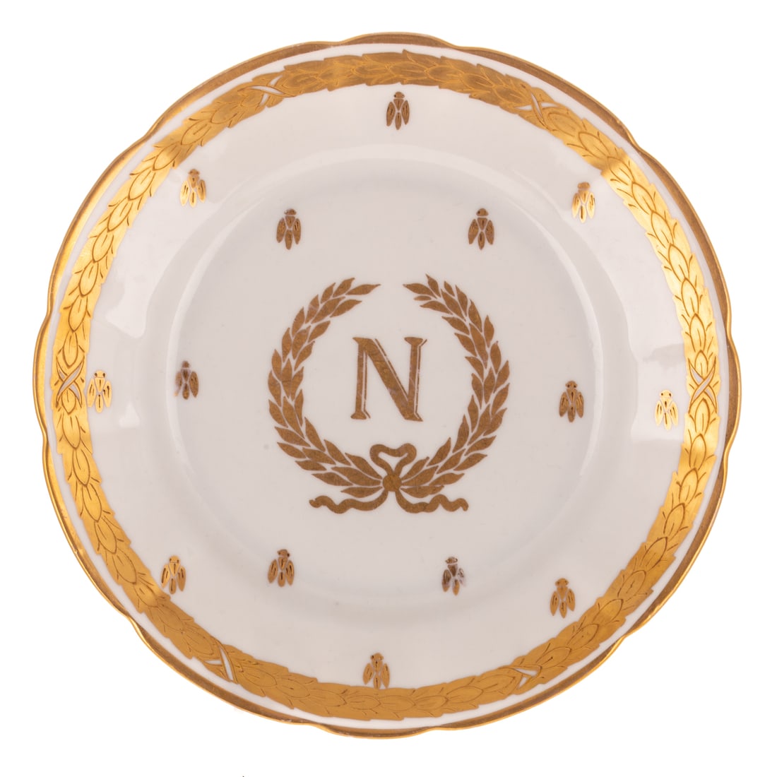 A Set of 14 Napoleon Dresden Plates: A set of 14 Dresden porcelain plates gilt decorated with an "N" wrapped in garland with bees throughout, all marked on the bottom, 1 in. H, 8 3/4 in. Diam.