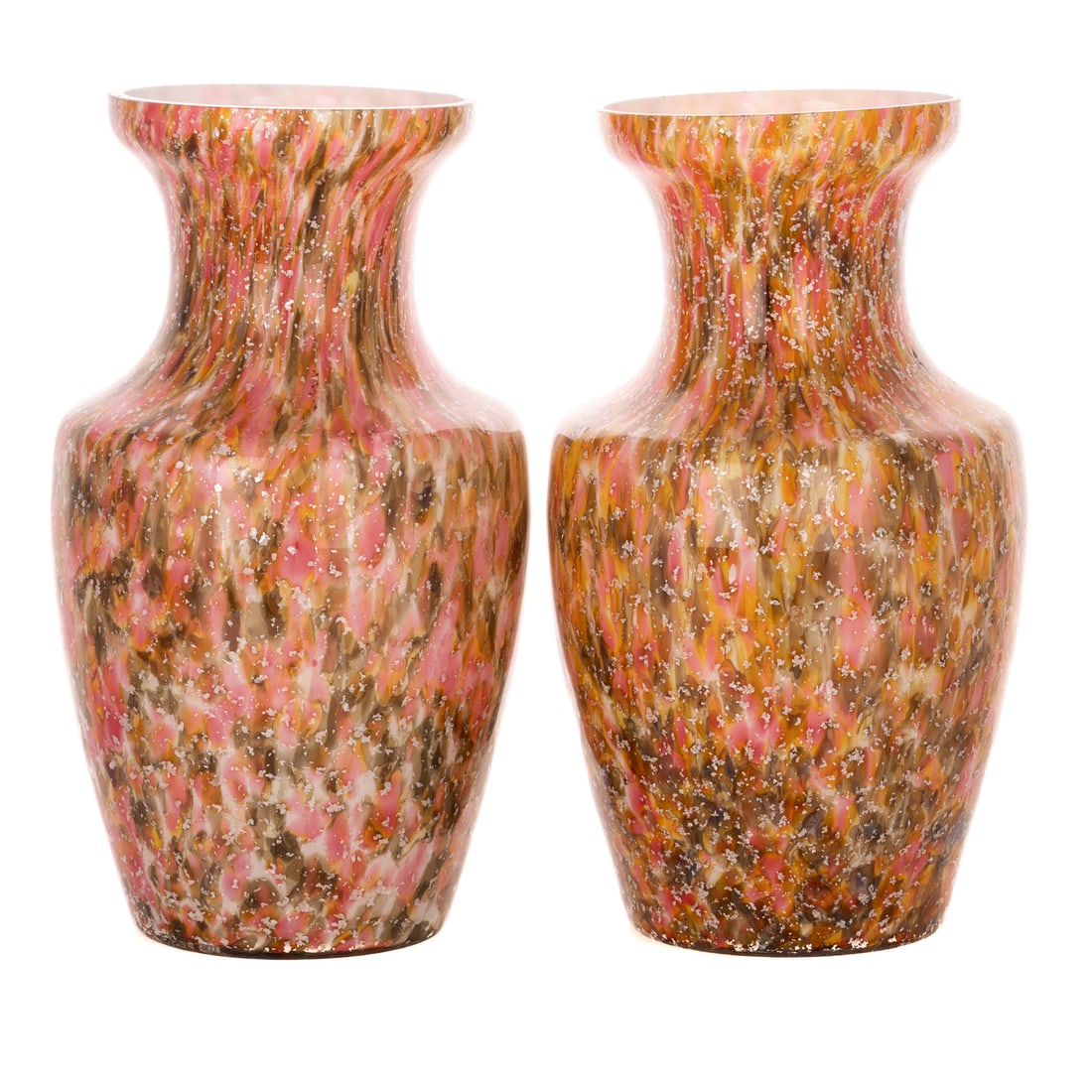 A Pair of Blown Cased Art Glass Vases: A pair of pink and green blown cased art glass vases, unmarked, 12 in. H, approx. 7 in. Diam.