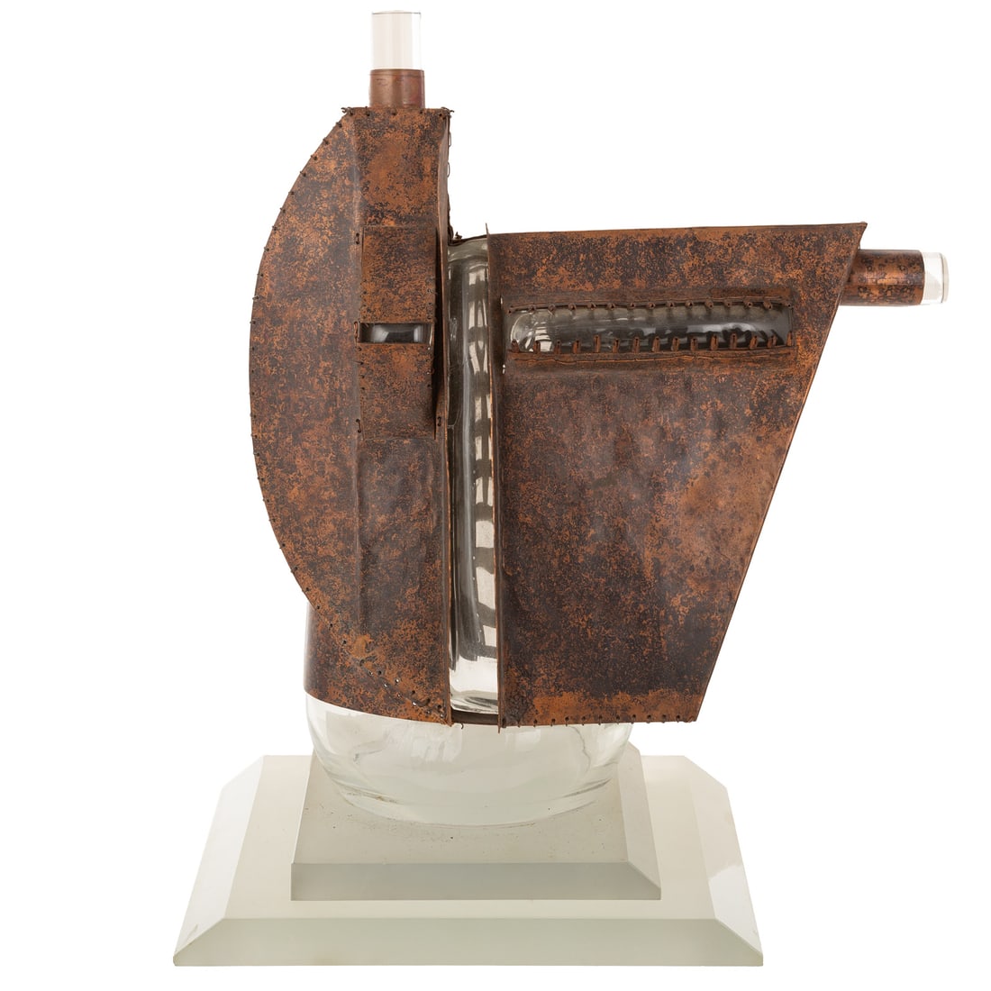 Don Shepherd Copper & Glass Sculpture: (American, 1930-2002) From the series Guardians of Sacred Places, signed and dated '82, copper and glass with additional glass base (not attached), 15 3/4 in. H, 14 in. W, 6 5/8 in. D Provenance: Purc