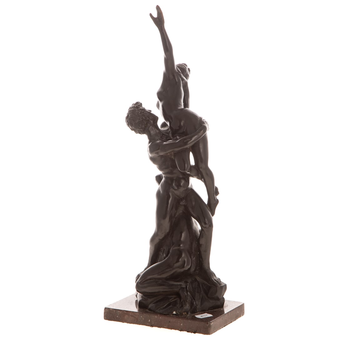 After Giambologna "The Rape of a Sabine Woman," bronze: A bronze after Giambologna "The Rape of a Sabine Woman," on a red marble base, unmarked, 18 1/4 in. H, 7 in. W, 6 in. D