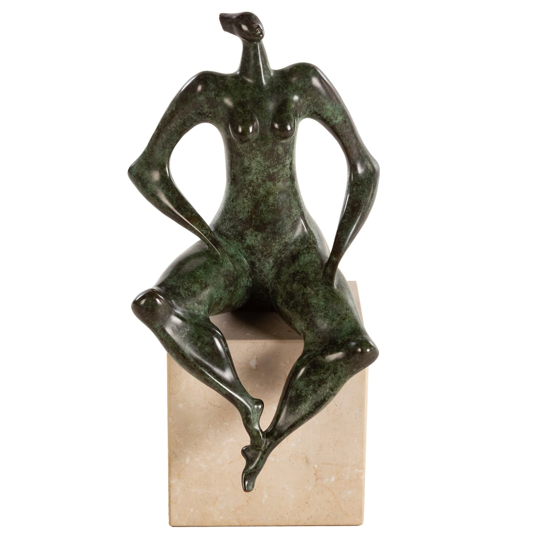 Isaac Kahn. "Harmony," bronze: (Lithuania, 1950 - present) A bronze Isaac Kahn "Harmony" sculpture of a seated woman on a marble base, signed on thigh, 18/50, total height: 23 in. H, 11 1/4 in. W, approx. 11 in. D