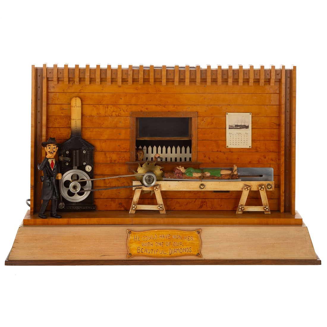 A Baranger Studios "Old Saw Mill" Display: (California, 1951) A Baranger Studios "Old Saw Mill" M-185 animated advertising motion display, advertising sign in front of the group reads "HE COULD HAVE WON HER WITH ONE OF OUR BEAUTIFUL