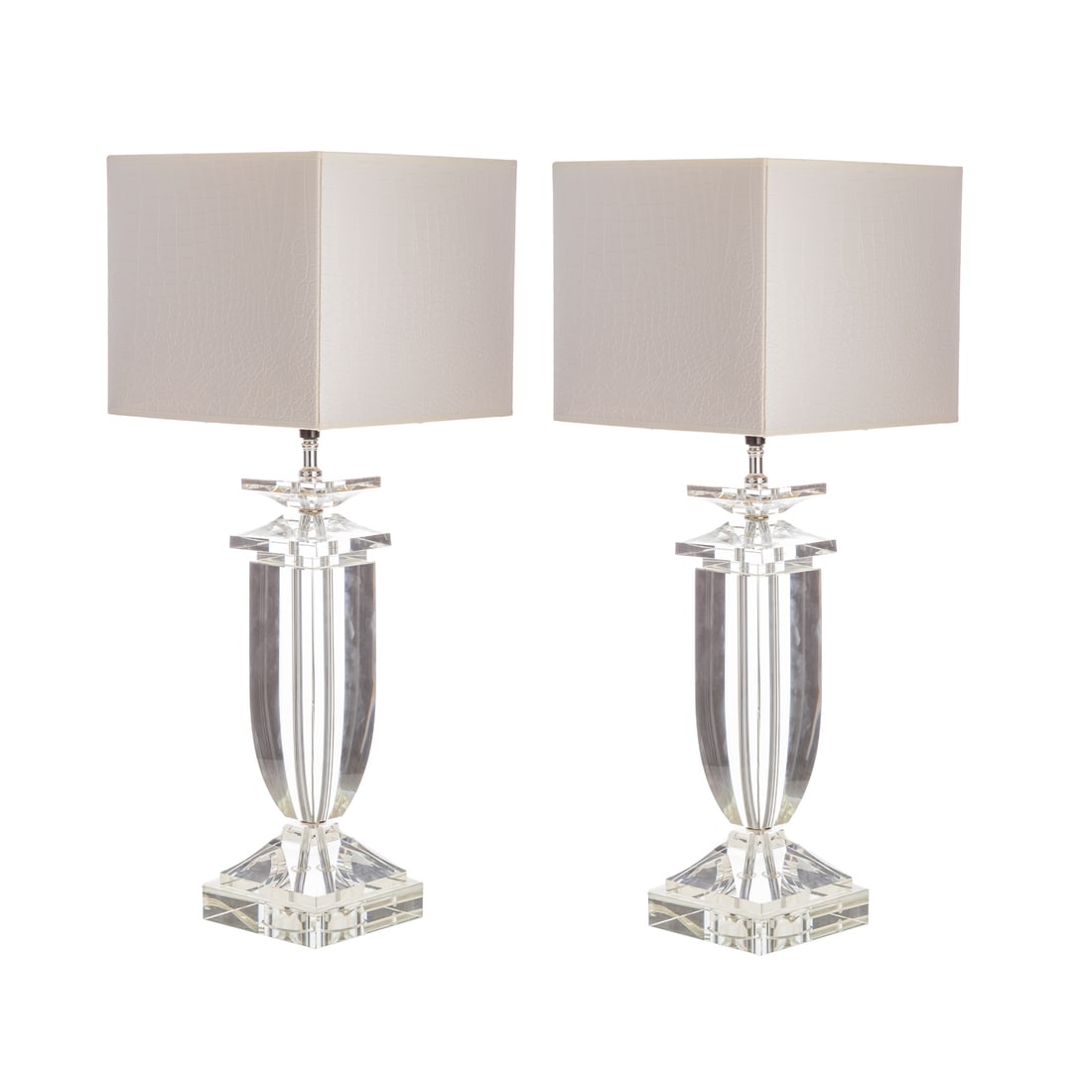 A Pair of Hornavan Glass Table Lamps: A pair of glass Hornavan table lamps with white crocodile embossed shades, lamp: 18 1/2 in. H, 5 1/2 in. W, 5 1/2 in. Sq., weighs 8 lbs 3 oz each, shades: 8 1/2 in. H, approx. 10 in. Sq.