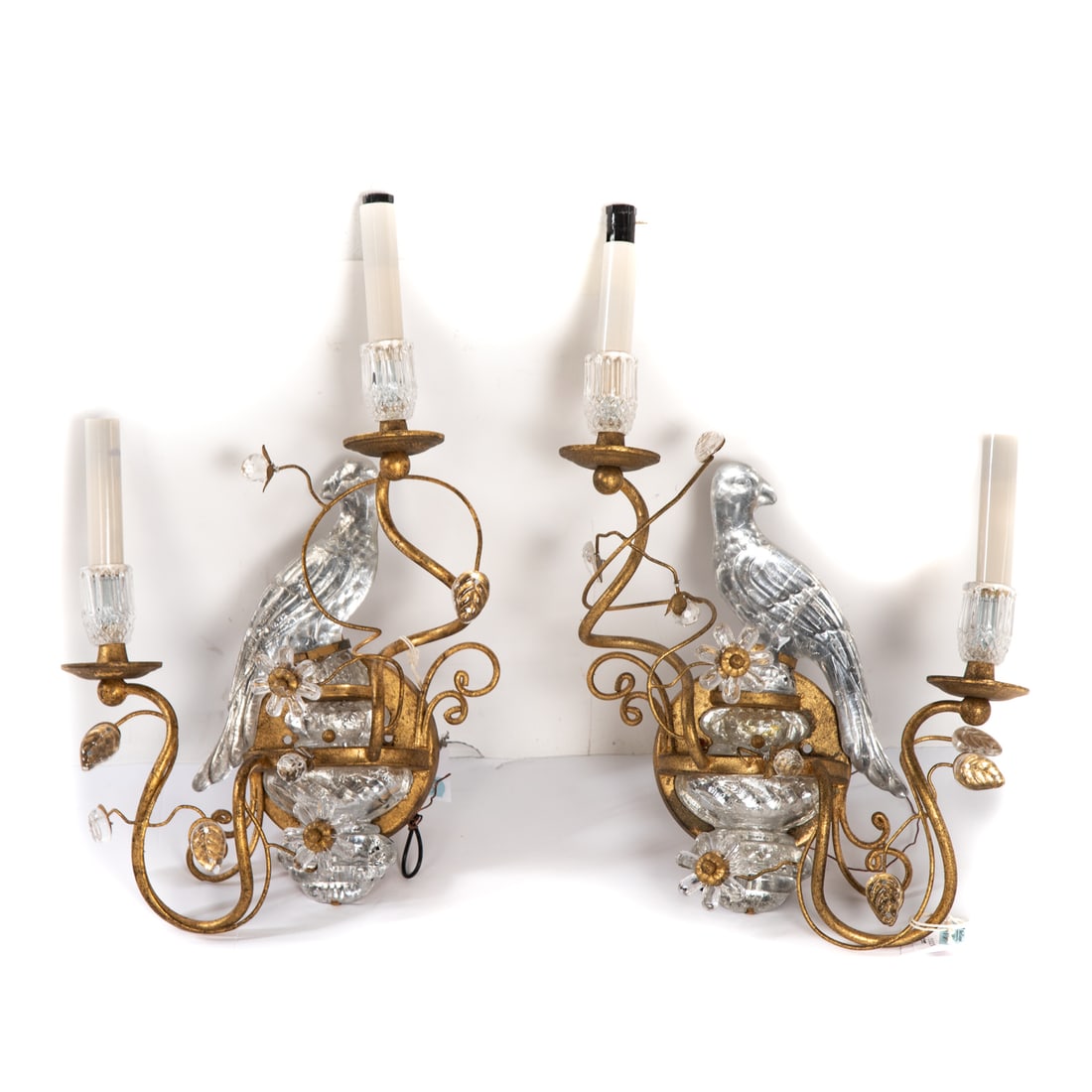 A Pair of Maison Bagues Style Two-Light Wall Sconces: A pair of gilt and glass parrot wall sconces in the style of Maison Bagues, unmarked, approx. 19 in. H, 11 3/4 in. W, 5 1/4 in. D