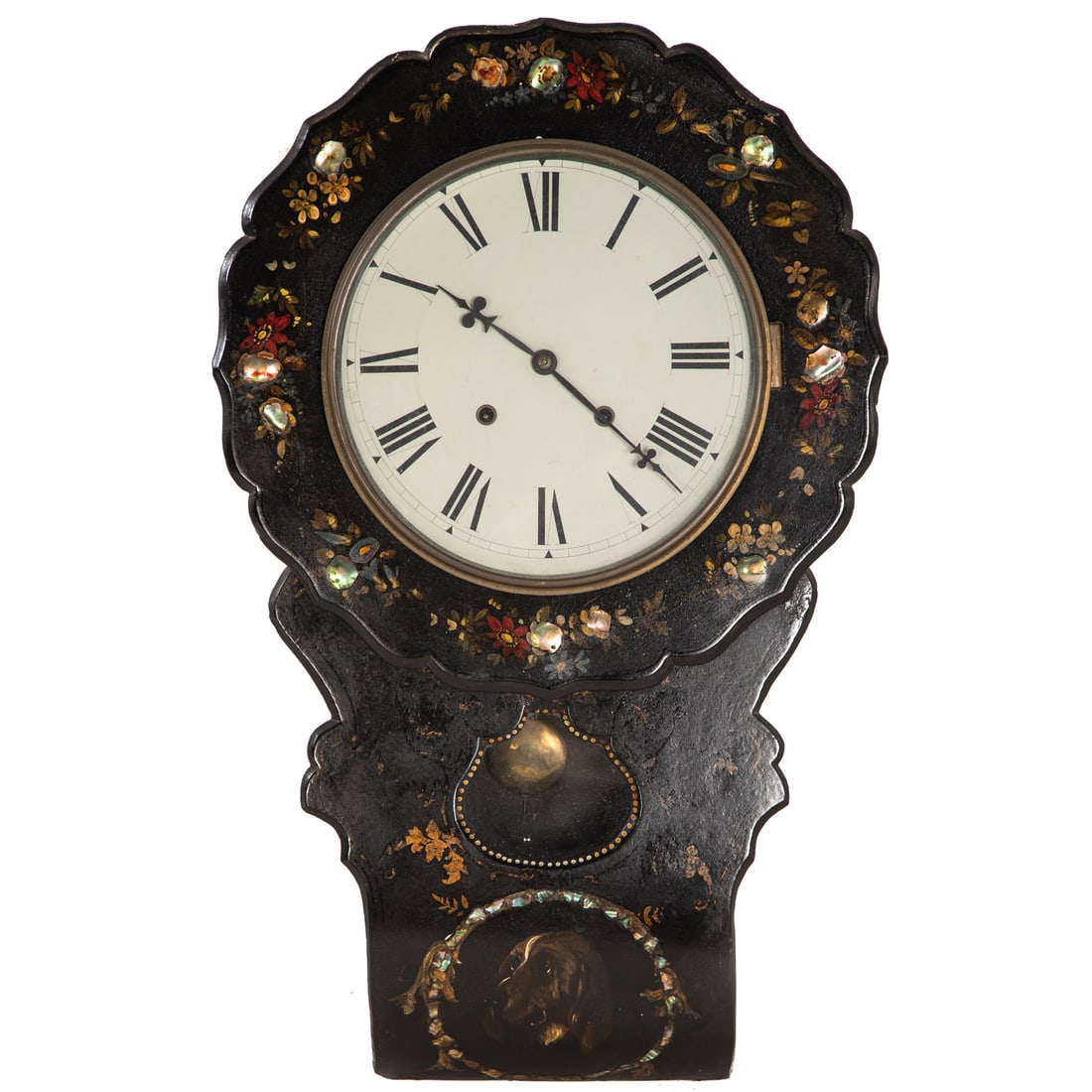 Victorian Paper Mache & Mother of Pearl Wall Clock: A paper mache Victorian wall clock with inlaid mother of pearl with painted floral motifs and dog, approx. 30 in. H, 19 in. W, approx. 5 1/4 in. D