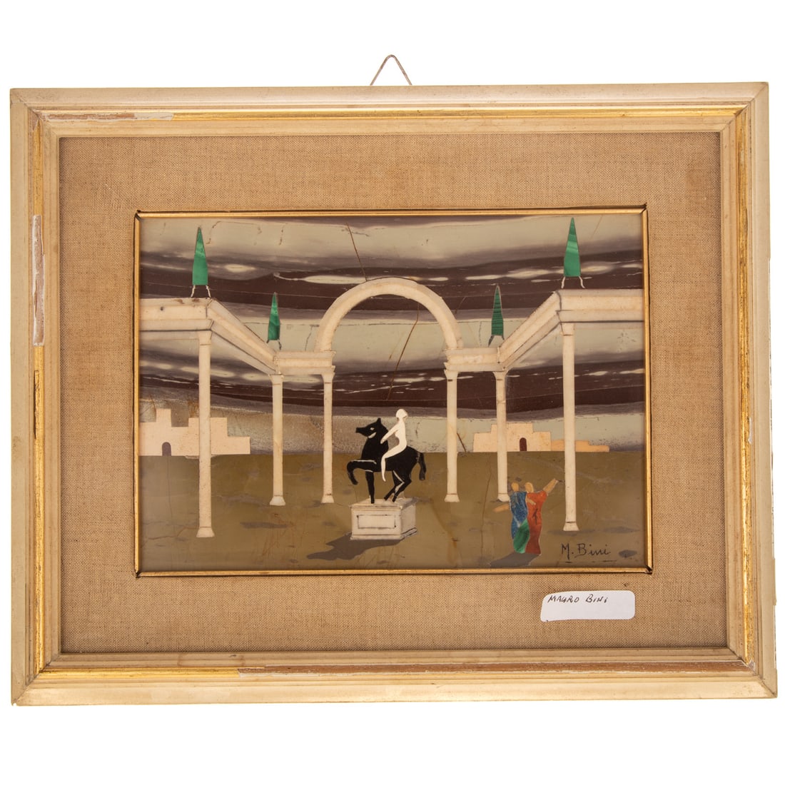 Mauro Bini. Horse and Jockey, pietra dura: Mauro Bini (Italian, 1932-present) A pietra dura (mosaic) depicting a central horse and jockey sculpture with surrounding architectural elements, signed "M. Bini" lr corner, sight size: approx. 6 1/4