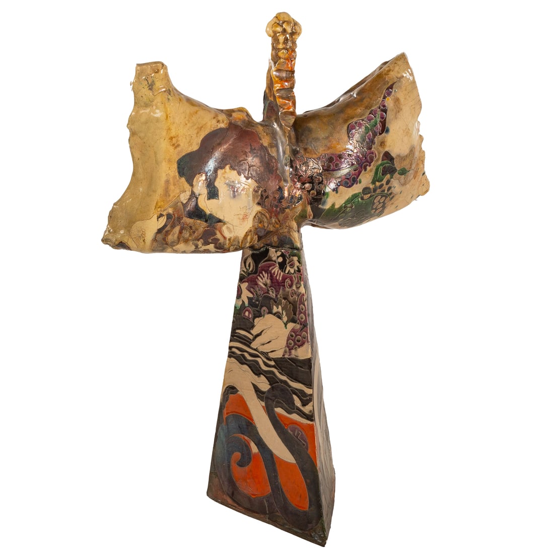 Susan and Steven Kemenyffy. "Lanse," Raku: (American, b. 1941 and 1943 respectively) A large Susan and Steven Kemenyffy raku ceramic sculpture, signed and dated 1973 on the base, 49 in. H, 26 in. W Provenance: Purchased from Nostalgia Et