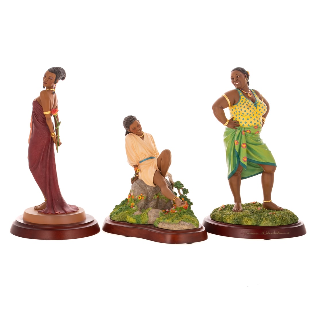 Three Thomas Blackshear's Ebony Visions Figures: Including a hand cast resin Thomas Blackshear's "Evening Rose" depicting a young woman holding a rose behind her back, anniversary edition 2005 #3510, stamped, marked on bottom, includes original box,