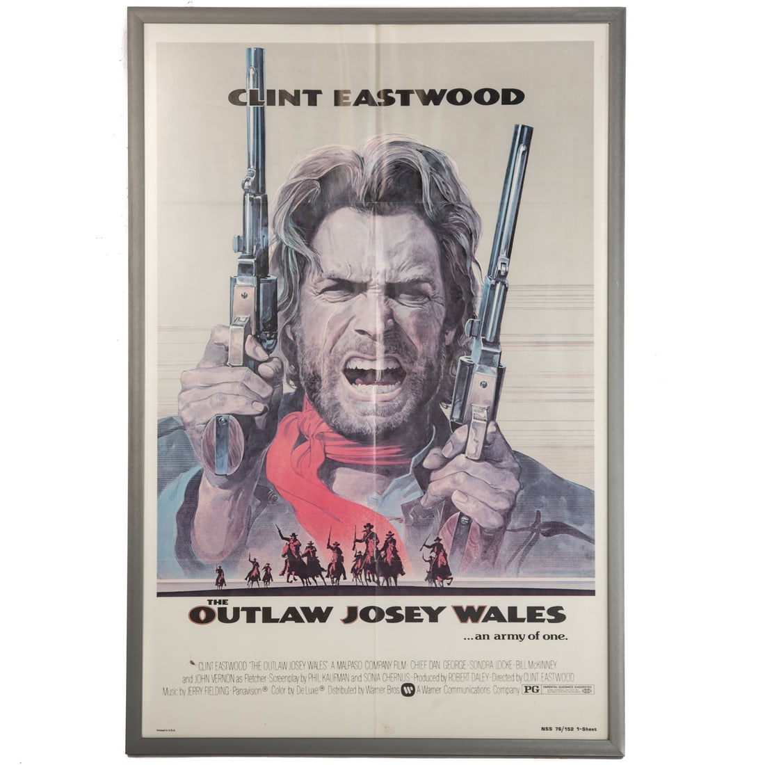 "The Outlaw Josey Wales" Vintage Movie Poster: A vintage movie poster of "The Outlaw Josey Wales" (dir. Clint Eastwood, 1976), framed lithograph, ed. 76/152, sight size: 40 1/2 x 26 1/2 in., framed size: 42 1/2 x 28 1/2 in.