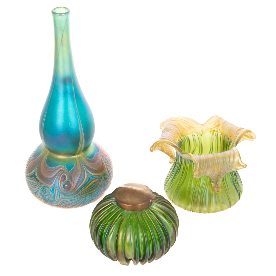 Igor Muller Bottle Vase & Two Art Glass Vessels: All three with iridescence and probably Bohemian, yellow and green marbling on blue and yellow and green triple-lobed cachepot and a cast green glass inkwell with bronze mounts, size of tallest: 11