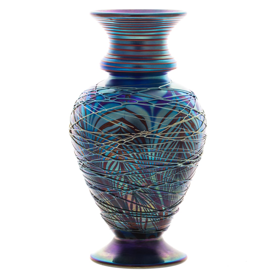 Threaded Pulled Feather Blue Iridescent Vase: 20th century studio glass maker, probably Orient and Flume after Durand red pulled feather blue iridescent glass vase, 9 1/2 in. H