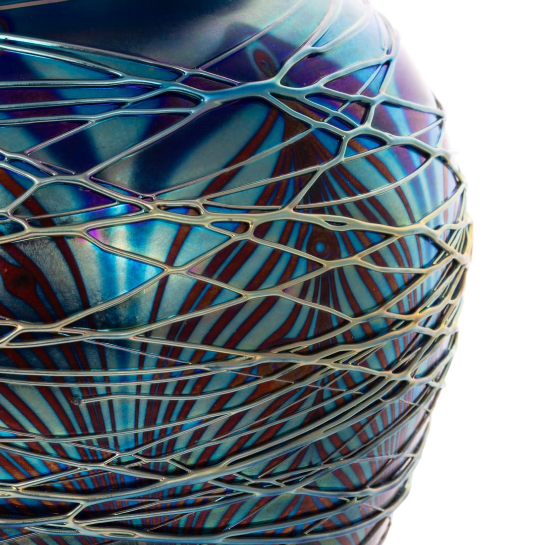 Threaded Pulled Feather Blue Iridescent Vase - 3