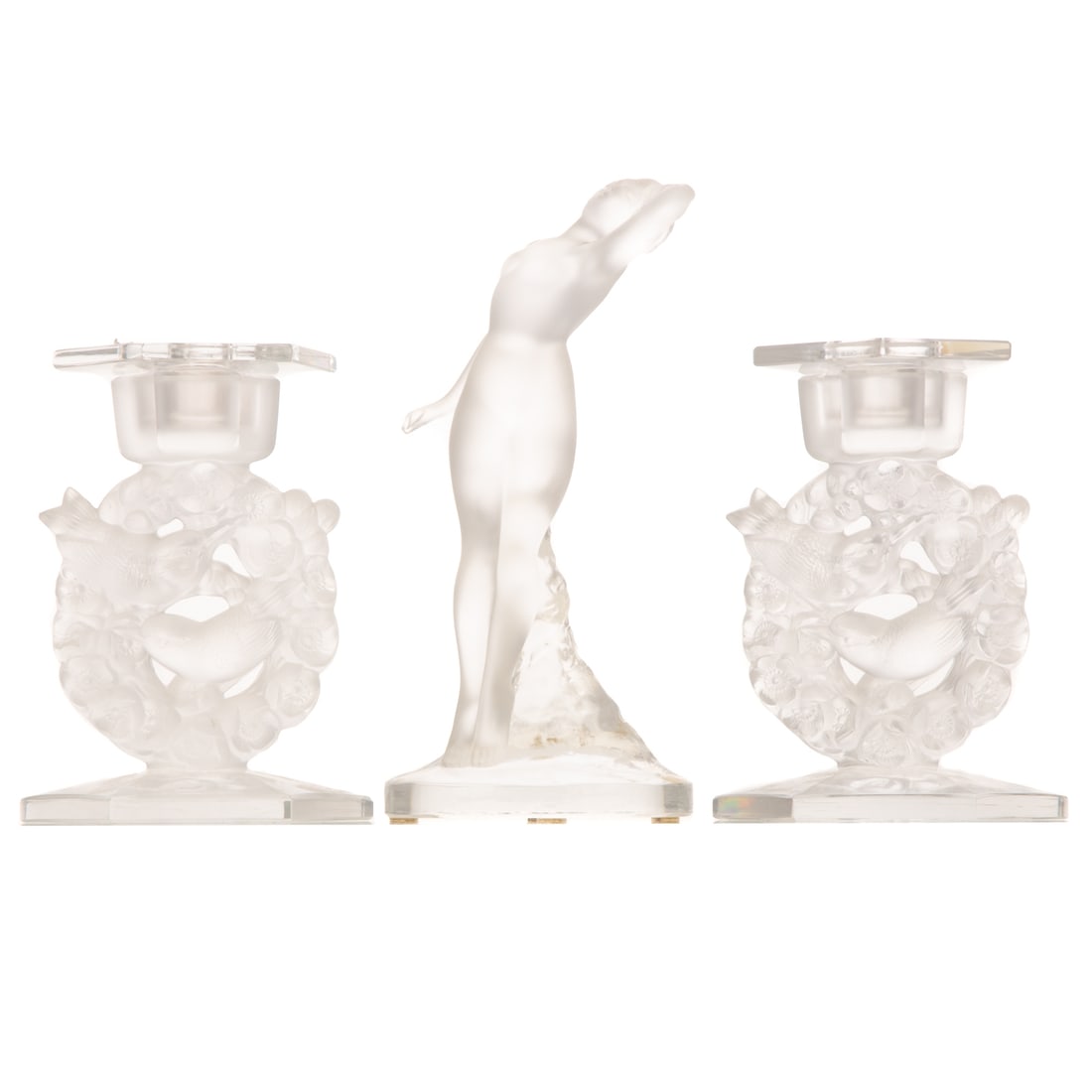 A Pair Lalique France Mesanges Candlesticks & Nude: 20th century, varying frosting and polished surfaces, each with etched maker's mark, size of tallest: 10 in. H