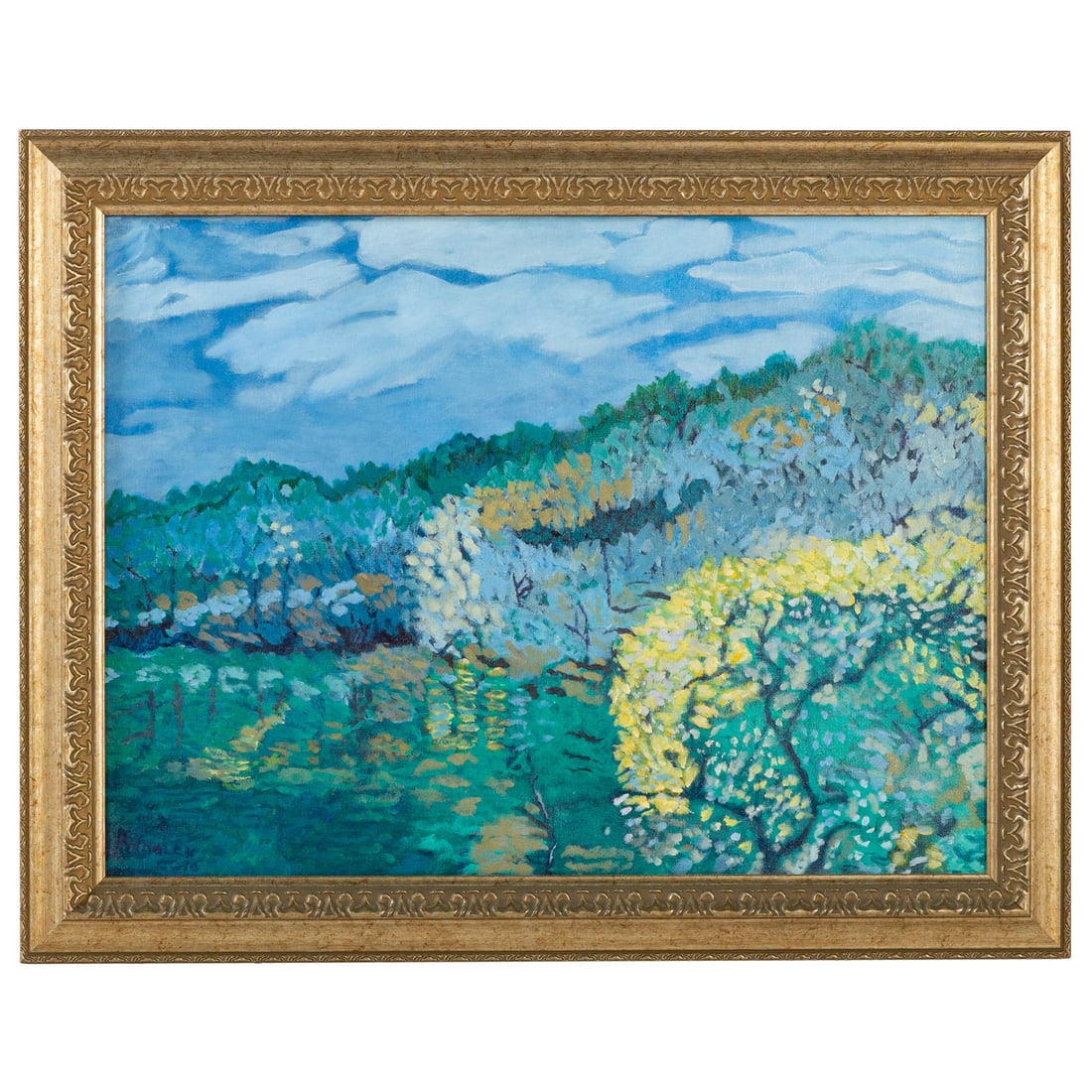 P. Whalen. Dotted Landscape, oil: (20th century) Oil on canvas, signed "P. Whalen" ll, sight size: 17 1/2 x 23 3/4 in., framed size: 22 1/4 x 28 1/3 in.