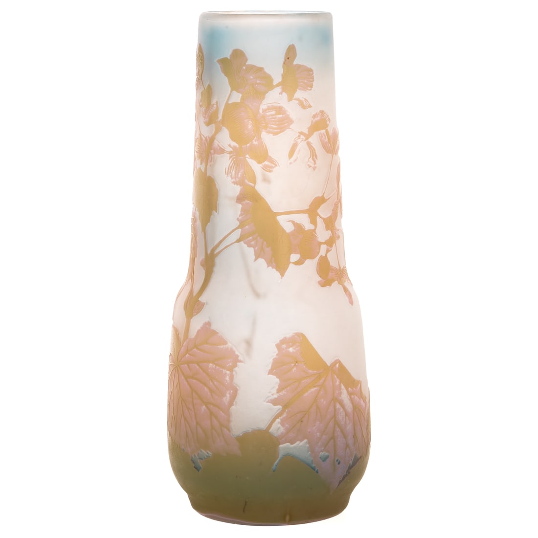 Cameo Carved Glass Paste Vase: Early 20th century, green over pink over white and blue ground with raised "Galle" signature, 11 1/2 in. H