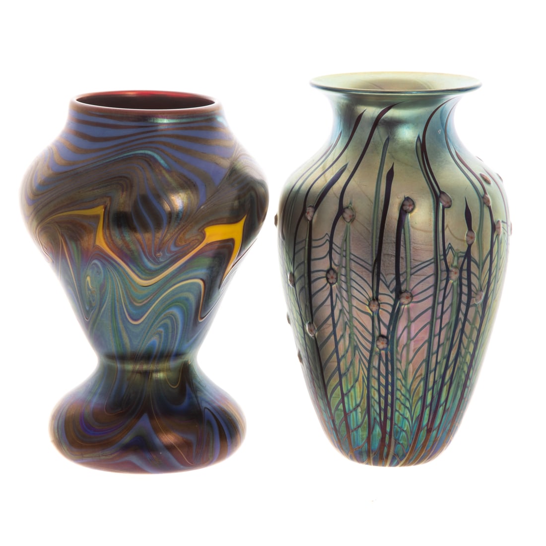 Two Orient & Flume Iridescent Art Glass Vases: Green on blue with combed vine and millefiori flowers and King Tut marbled colors of blue green and yellow on jasper red ground, size of tallest: 7 in. H