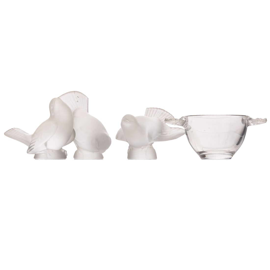 Three Lalique France Birds & Honfleur Cup: 20th century, varying frosted and polished surfaces with etched signatures, size of tallest bird: 4" H