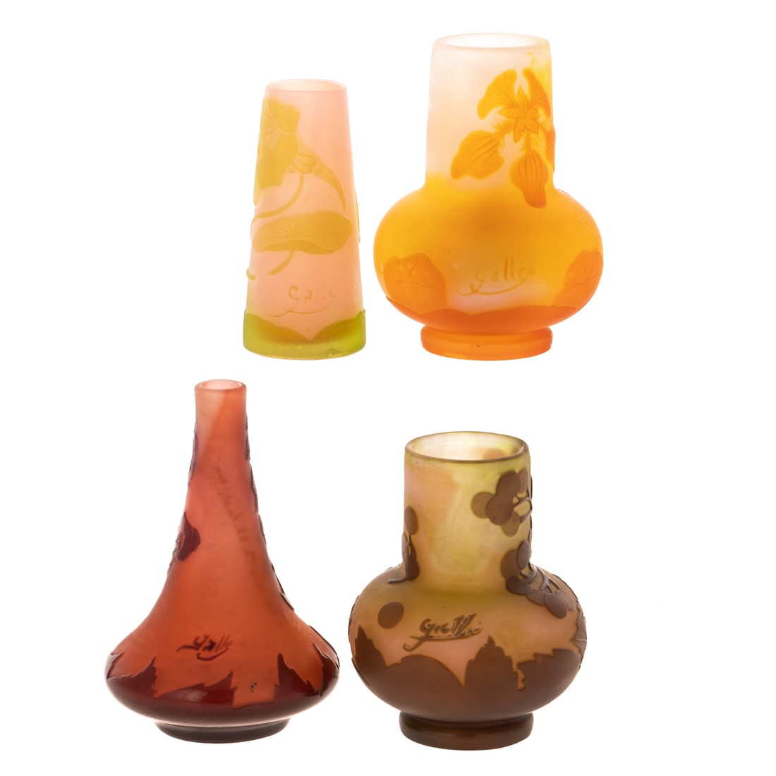 Four Galle Cameo Glass Cabinet Vases: Late 19th/early 20th century, consisting of pale green on pink and pale orange on yellow, red on orange and brown on green, each with raised signature, size of tallest: 4 1/2 in. H