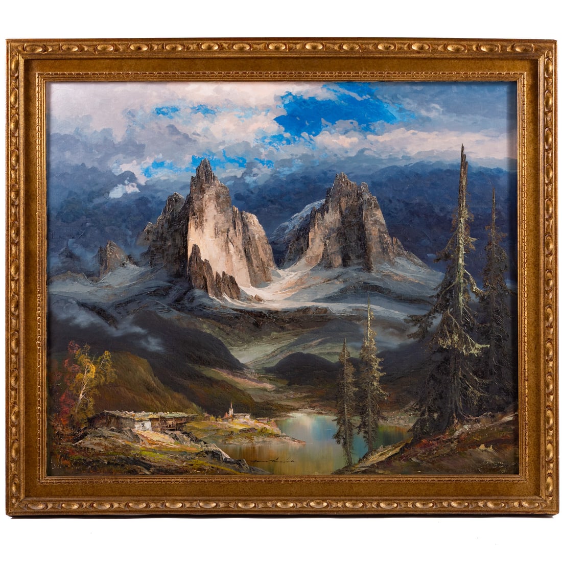 Artist Unknown. Mountainous Landscape, oil: (20th century) Oil on canvas, signed illegibly, sight size: 39 1/2 x 47 1/2 in., framed size: 47 x 54 1/2 in.
