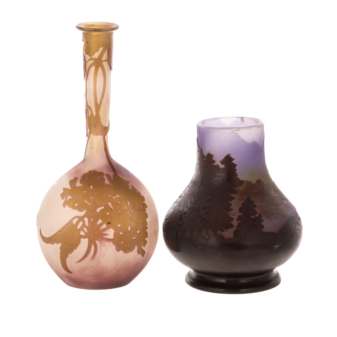 Two Cameo Carved Cased Glass Cabinet Vases: 20th century, both marked Galle, size of tallest: 6 3/4 in. H