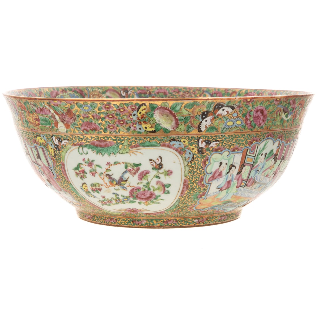 Chinese Export Porcelain Rose Medallion Punch Bowl: 19th century, having hundred-butterfly, bat, bird, and carnation decorative motif with figural reserves of court scenes and warrior games, 16 in. Diam.