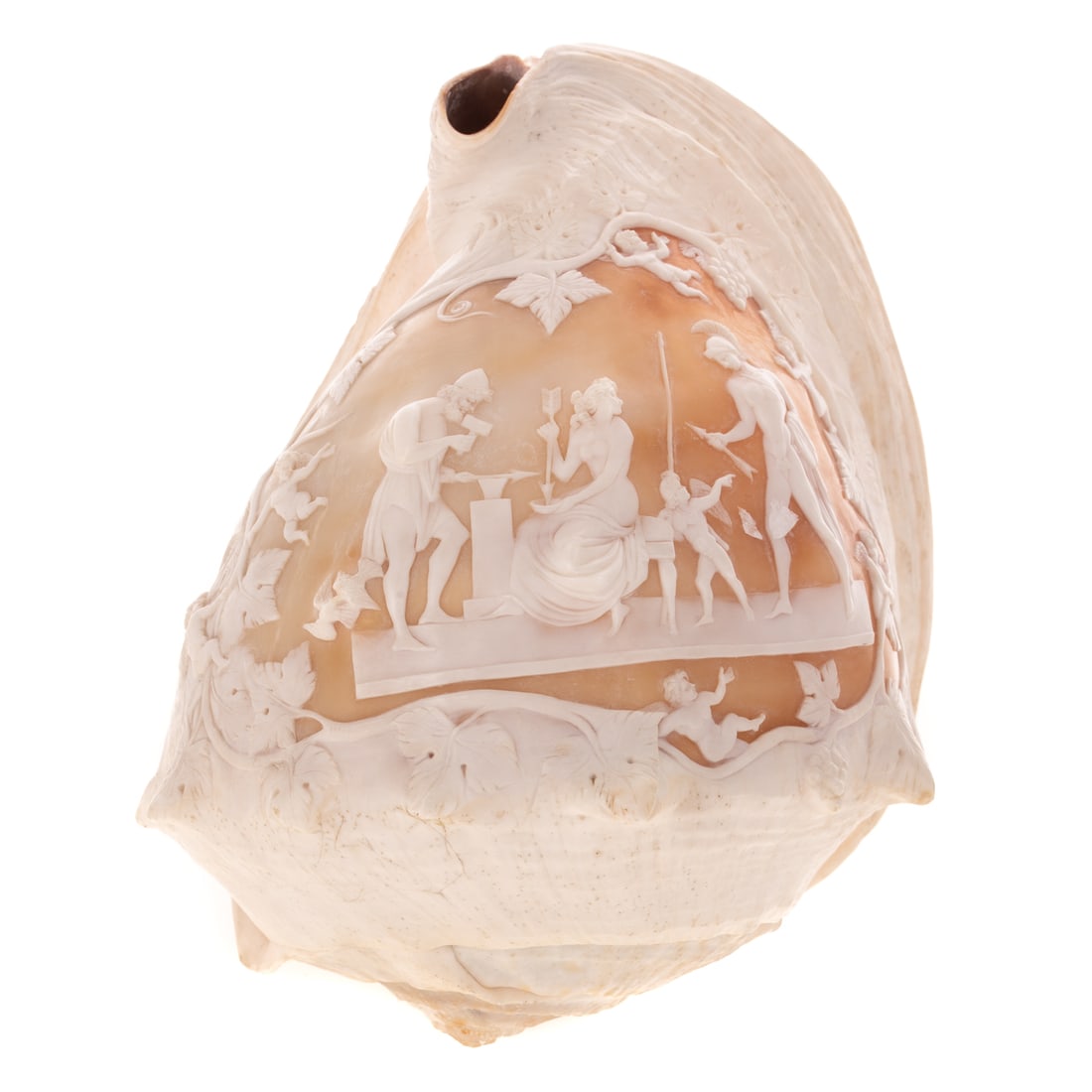 Italian Mythological Cameo Carved Conch Shell: 19th century, scene after Bertel Thorvaldsen (1770-1844) depicting Vulcan, Venus, Cupid, and Mars within a grape-vine frame ornamented with putti and cherubs, 9 in. H, 7 in. W