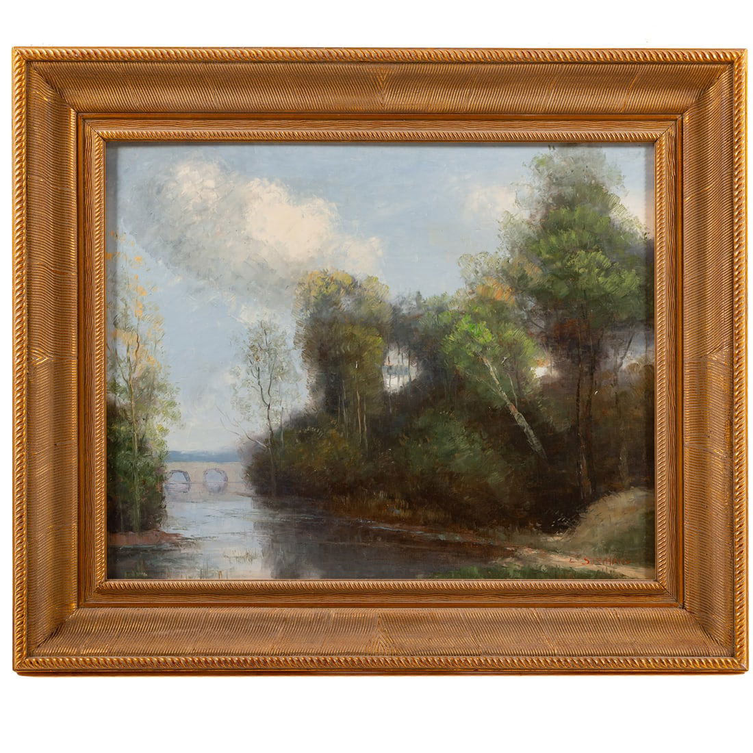 L. Stephano. Impressionist Lakeside, oil: (20th century) Oil on canvas, signed "L. Stephano" lr, 24 x 30 in., framed size: 33 1/2 x 39 in.