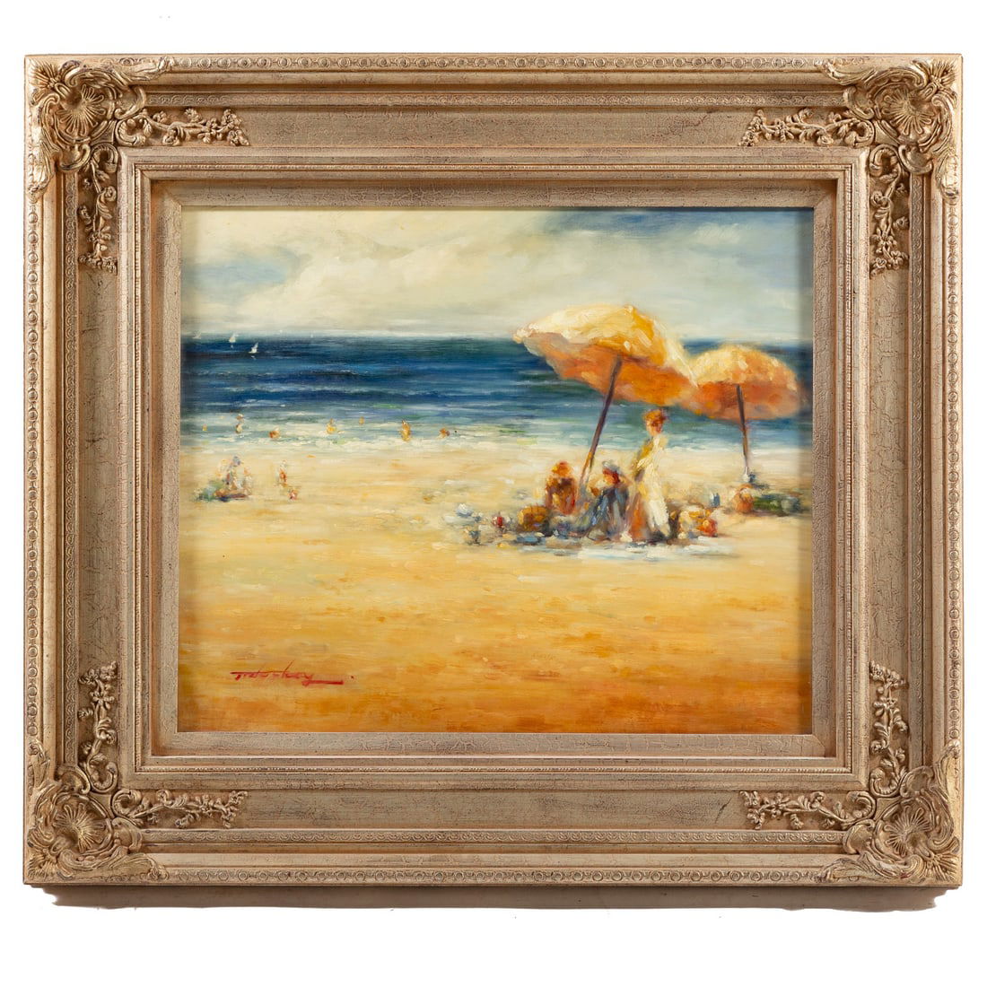 Artist Unknown. Beach Scene, oil: (20th century) Oil on canvas, signed illegibly ll, sight size: 20 x 24 in, framed size: 30 3/4 x 34 3/4 in.