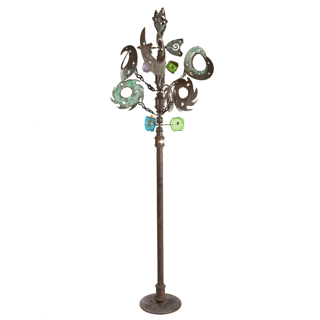 Kinetic Columnar Garden Sculpture: Patinated sculpted metal and blown glass wind driven garden sculpture, 97 in. H, 36 in. Diam.
