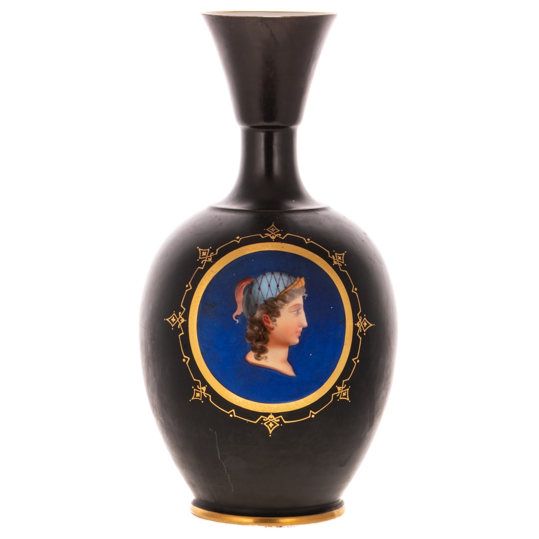 Famille Noire Jar as Lamp & Fond Noire Vase: 20th century, jar drilled and mounted as lamp with black paper shade, 24 in. H; and a 19th century Paris porcelain vase with polychrome painted profile of Minerva with gilt spandrels, 12 3/4 in. H