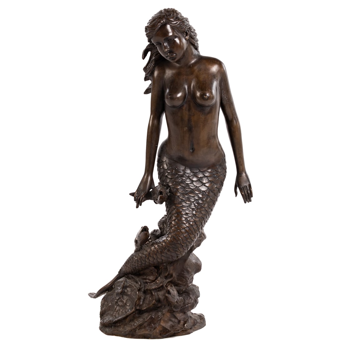 Patinated Metal Mermaid Fountain: Metal figural three spout fountain, 40 1/2 in. H, 21 in. W, 15 in. D