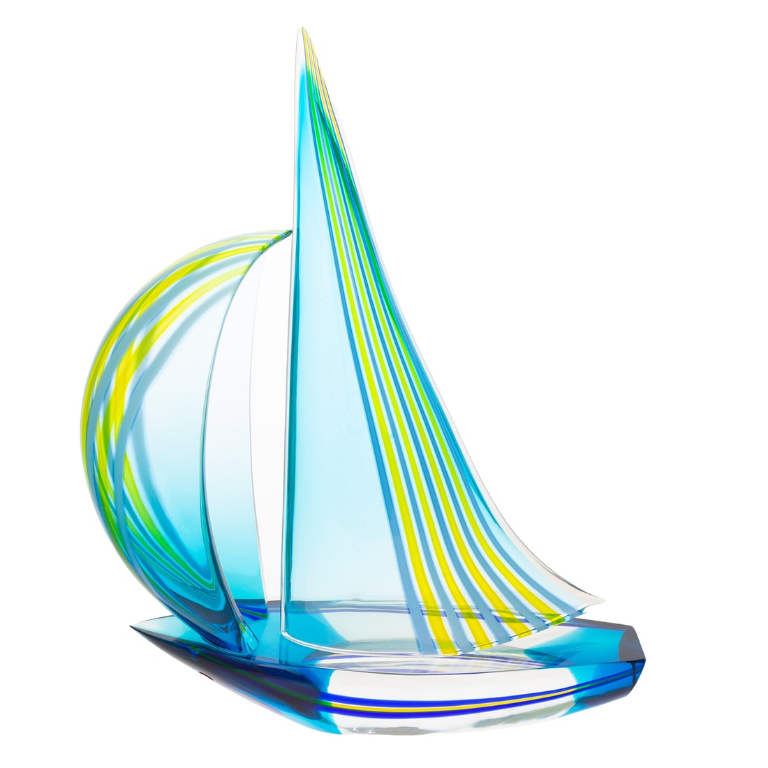 Murano Laminated & Cast Glass Sailboat: Glass sculpture colorless cased, blue, navy, white and green glasses, with two identifying canes to the bow, 20 in. H, 15 1/4 in. W