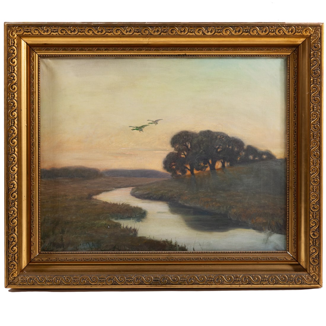 Artist Unknown. Geese Flying Over a Marsh, oil: (20th century) Oil on canvas, unsigned, sight size: 23 3/4 x 29 1/2 in., framed size: 31 1/4 x 37 1/2 in.