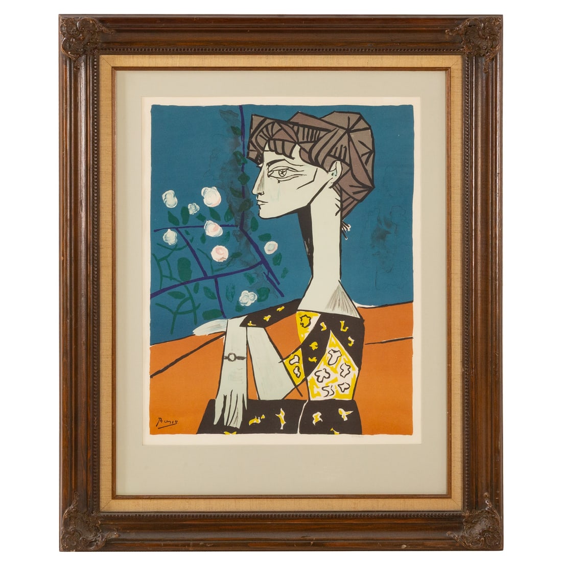 After Pablo Picasso. "Portrait of Madame Z," lithograph: (Spanish, 1881-1973) Lithograph in colors, after the 1954 painting "Jaqueline Rogue" ed. 299/300, pencil editioned and plate signed ll, image size: 21 x 16 3/4 in., framed size: 35 x 29 in.