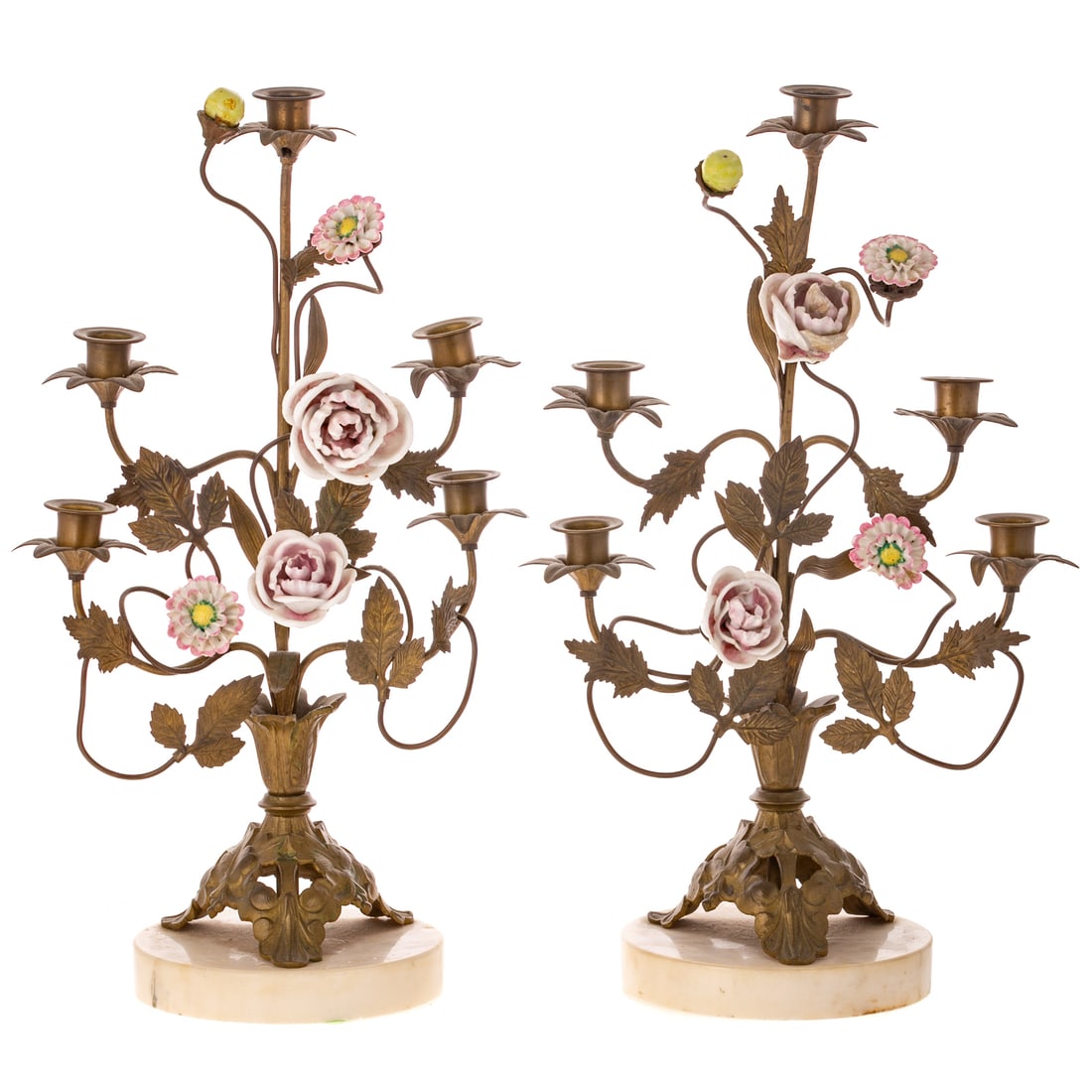 A Pair Porcelain & Brass Floral Form Candelabras: Late 19th century, accommodating five lights, each on an alabaster base, each 20 in. H