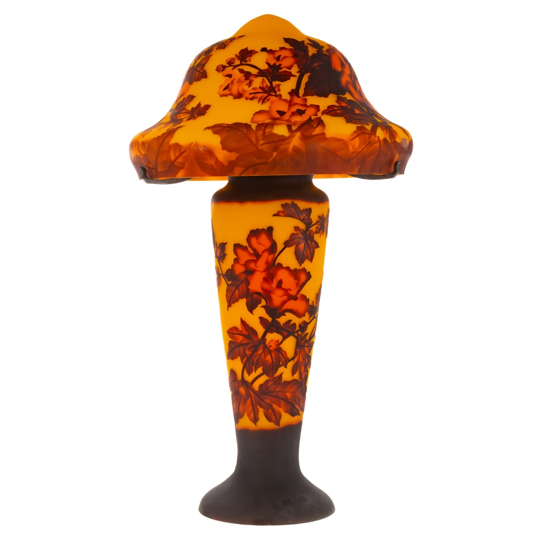 Tall Galle Style Table Lamp: Galle style glass lamp base and shade with orange and brown leaf shapes on a yellow background, signed "Galle" 34 in. H overall