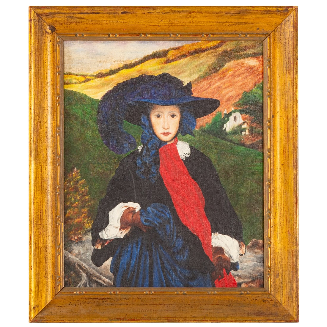 F. L. Pedrick. Woman in Blue Hat, oil: (20th century) Oil on canvas, 1977, initialed "F.L.P." lr, with artist attribution of "F. L. Pedrick" and date on verso, sight size: 16 1/2 x 13 1/4 in., framed size: 21 x 18 in.