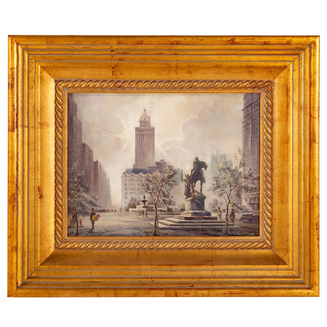 Frank T. Fellner. "The Plaza," oil: (American, 1886-1966) Oil on panel, signed lr, additional information on verso, sight size: 11 1/2 x 15 1/4 in., framed size: 20 1/2 x 24 3/4 in.