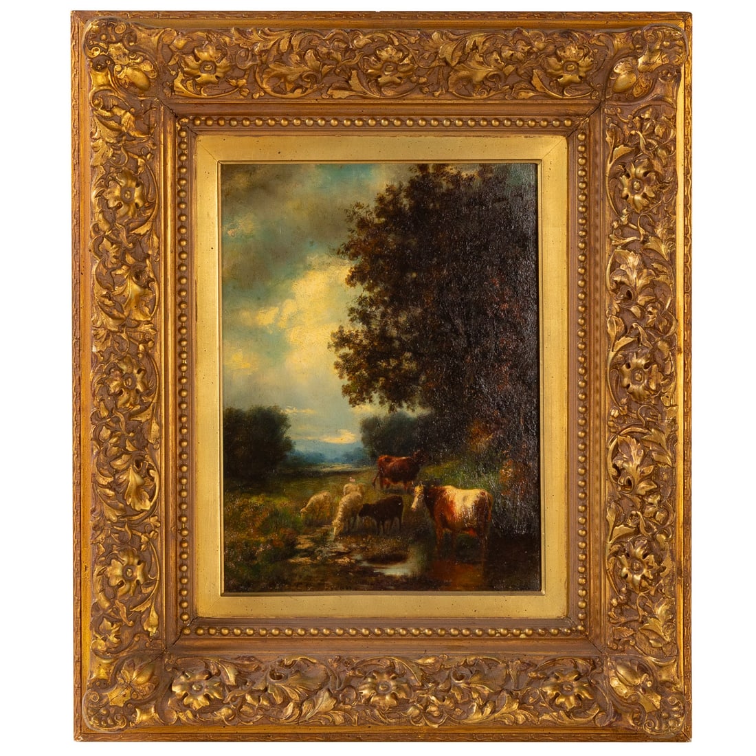 European School. Pastoral Scene with Cattle, oil: (20th century) Oil on panel, signed illegibly ll, sight size: 14 1/4 x 11 in., framed size: 25 x 21 1/4 in.