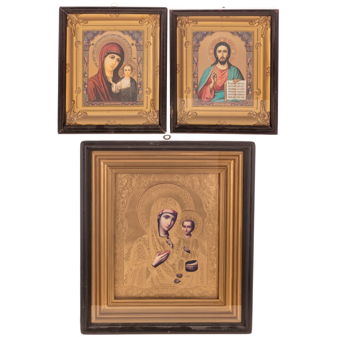 Three Russian Icons: 20th century, framed printed images, including a large and small Our Lady of Kazan and Christ Pantocrator, cased under glass, overall measurements are 10 in. x 8 5/8 in. x 2 1/8 in. and 15 1/4 in. x
