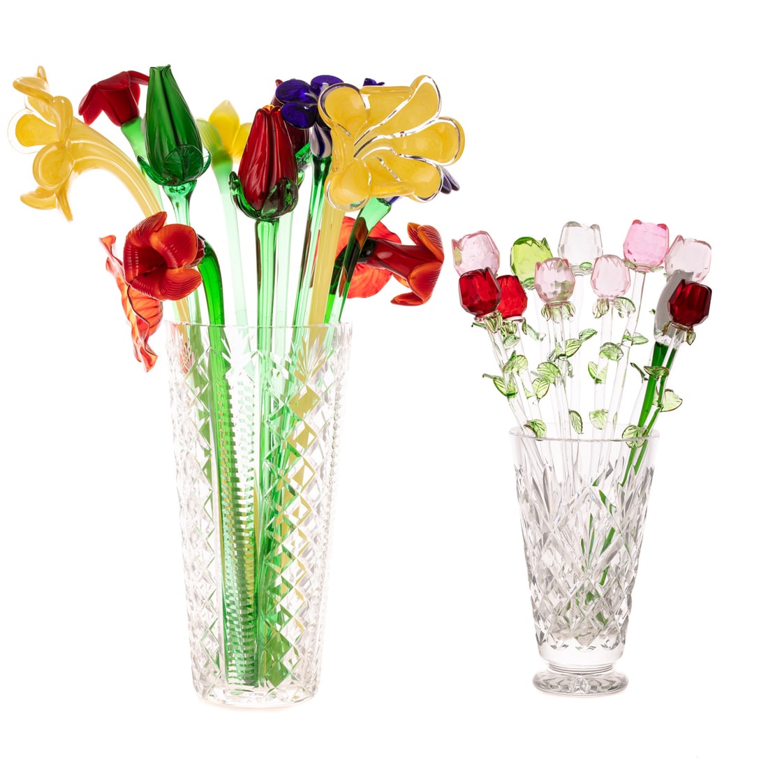 Two Waterford Crystal Vases with Glass Bouquets: Including a Waterford crystal Clare vase, signed, 12 in. H, filled with 14 colorful Murano style glass flowers in shades of red, blue, yellow and green, longest approx. 20 3/4 in. H; and a Waterford