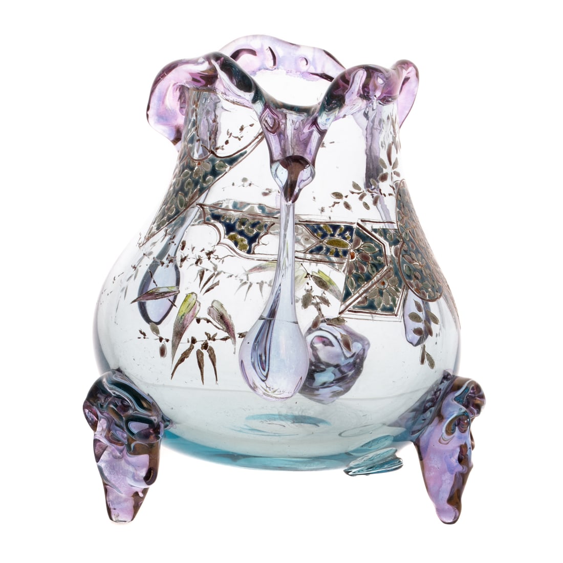 Auguste Jean Gilt & Enameled Blue Glass Vase: c.1880s, Aesthetic glass vase by Auguste Jean (French, c.1830-1904), of bulbous form with gilt and enameled designs in the Japanese style against a blue ground, the fold-over metallic amethyst hue