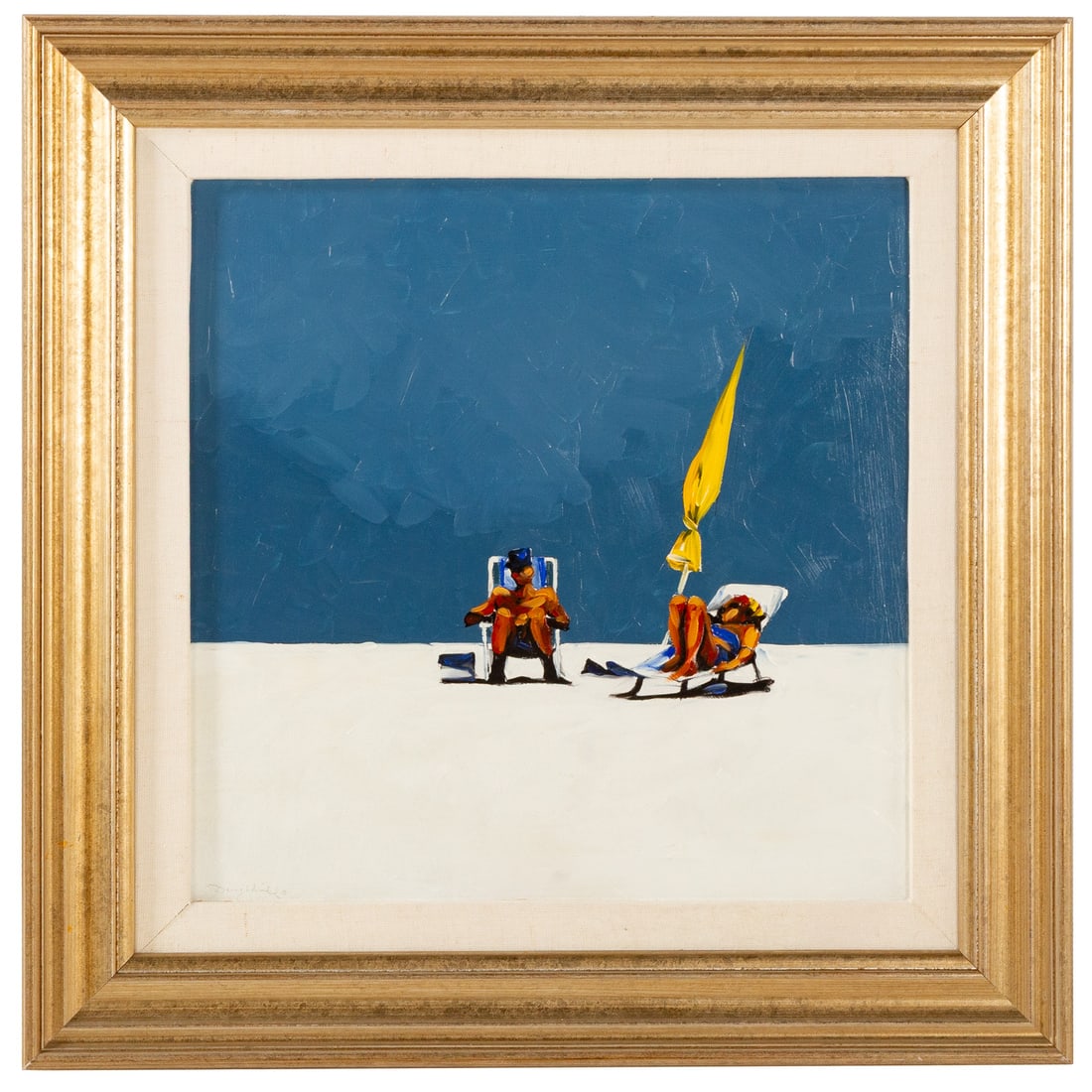 Jann Daughdrill. Sunbathers, oil: (American, b. 1954) Oil on board, signed ll, sight size: 17 1/4 x 17 1/4 in., framed size: 25 1/4 x 25 1/4 in.