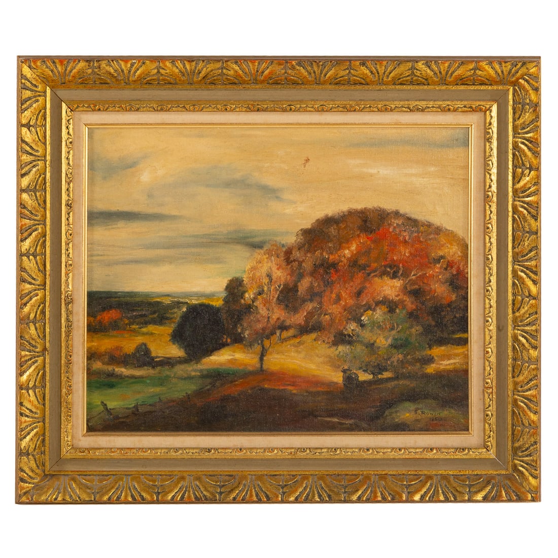 American School. Autumn Landscape, oil: (20th century) Oil on canvas board, 1950, signed "E. Rowen" and dated lr, sight size: 15 1/2 x 19 1/2 in., framed size: 22 1/2 x 26 1/2 in.