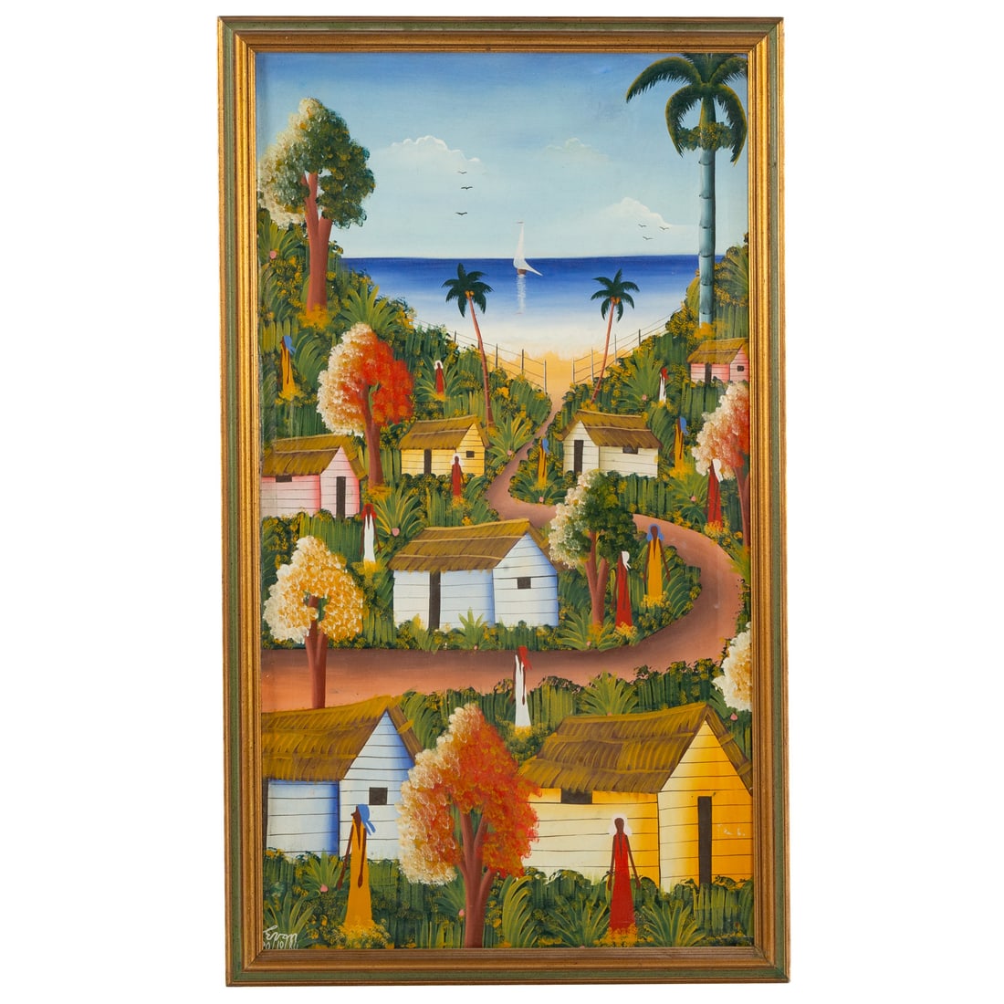 Haitian Folk Art Painting, acrylic: (20th century) Acrylic on canvas, 1984, signed "Evon" and dated ll, sight size: 35 x 19 1/4 in., framed size: 38 x 22 1/4 in.