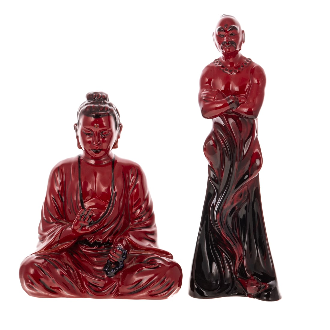 Two Royal Doulton Flambe Figures: Consisting of Guizhou Buddha model BA60, signed edition 89/150 and The Genie KN2999, 10 in. H