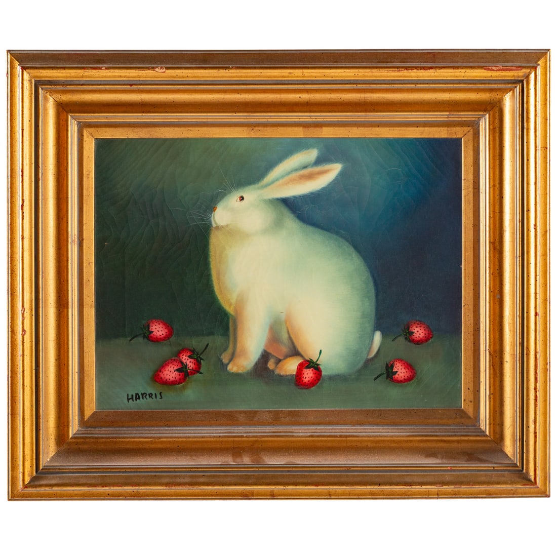 After Igor Galanin. "Rabbit with Strawberries," oil: Oil on canvas, signed "Harris" ll, decorative copy of "Rabbit with Strawberries" by Igor Galanin, stamped with inventory number and studio attribution on verso, sight size
